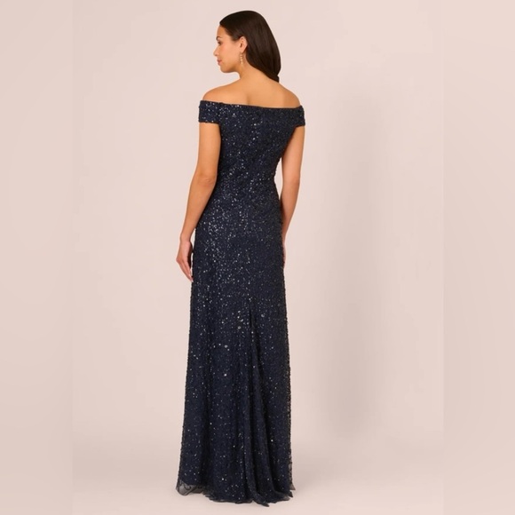 Adrianna Papell Navy Off Shoulder Sequin Gown NWT Size 18 MOB GALA BLACK TIE - Picture 2 of 6